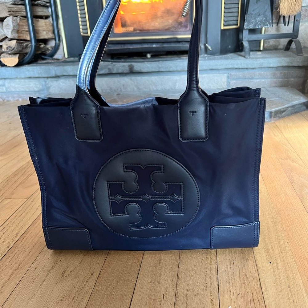 TORY BURCH NAVY BLUE TOTE BAG / NYLON / LEATHER TRIM